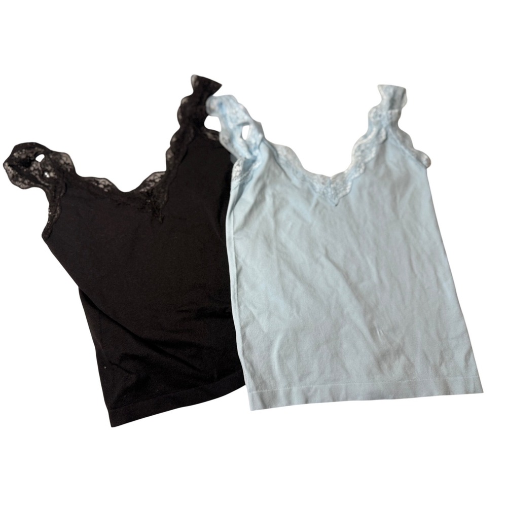 Women XS Lace Trim Seamless Camisole Tank Top Set Black Blue 2pk whimsy